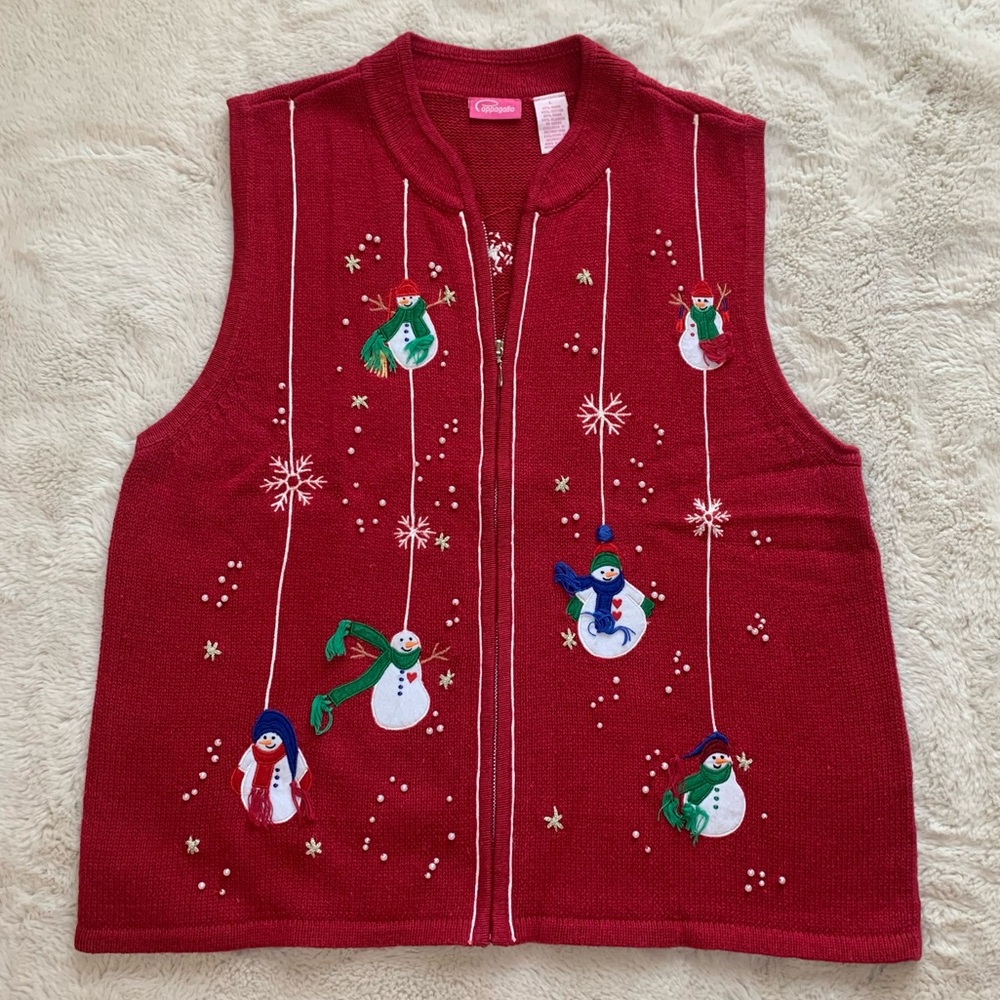 Pappagallo Vintage Red Knit Snowman Winter‎ Snowflake Cardigan Sweater Size L